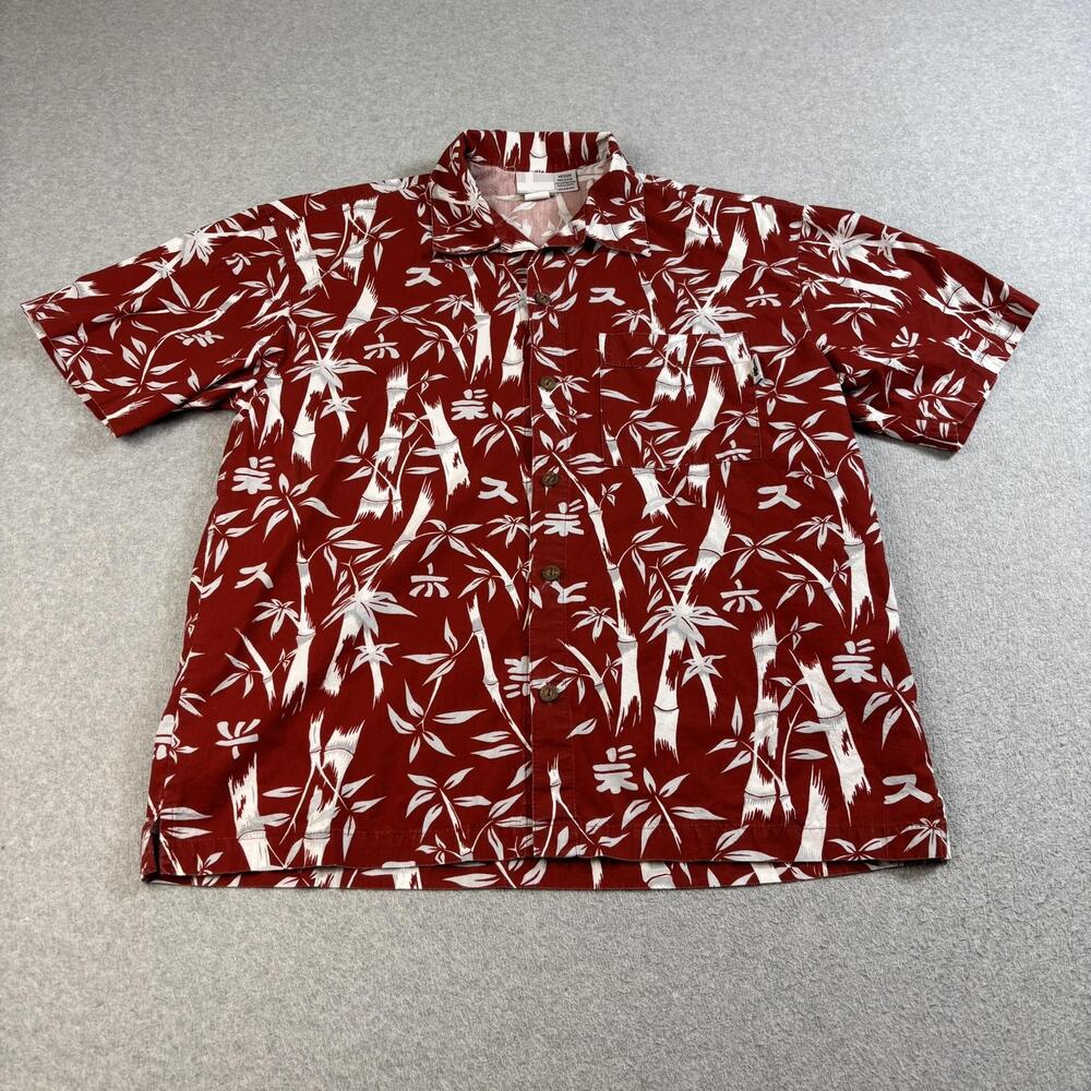 Vintage No Fear Shirt Mens Medium Red Hawaiian Aloha Bamboo Print Made USA 90s